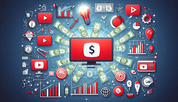 تبدیل خلاقانه ویدیو یوتیوب به جریان درآمد با آیکون‌های دلار و تبلیغ