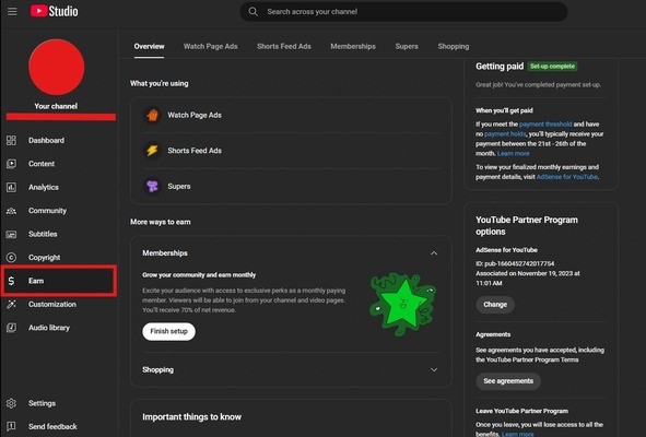 منوی earn در یوتیوب استودیو - فعالسازی کسب درآمد از یوتیوب