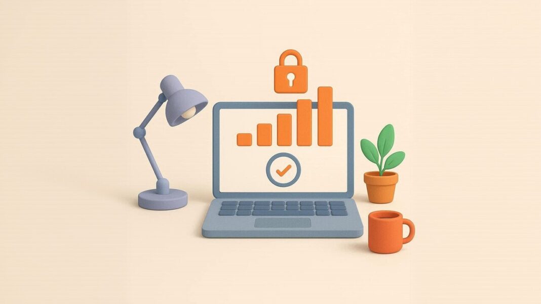 لپ تاپ با نمودار آماری در کنار چراغ مطالعه و گلدان - فعالسازی کسب درآمد از یوتیوب