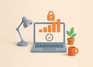 فعالسازی کسب درآمد از یوتیوب در سال ۲۰۲۶ – راهنمای یوتیوبرهای ایرانی لپ تاپ با نمودار آماری در کنار چراغ مطالعه و گلدان - فعالسازی کسب درآمد از یوتیوب