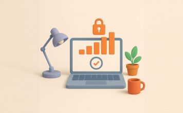 فعالسازی کسب درآمد از یوتیوب در سال ۲۰۲۶ – راهنمای یوتیوبرهای ایرانی لپ تاپ با نمودار آماری در کنار چراغ مطالعه و گلدان - فعالسازی کسب درآمد از یوتیوب