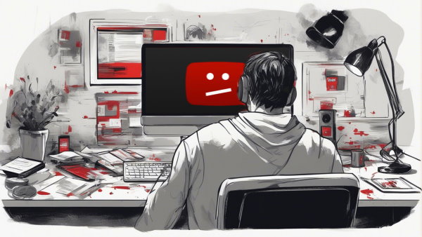 یک مرد نشسته پست یک سیستم کامپیوتر در حال نگاه کردن به اخطار یوتیوب (تصویر تزئینی مطلب کپی رایت استرایک در یوتیوب چیست)