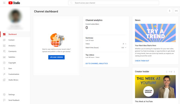 داشبورد یوتیوب استودیو (تصویر راهنمای مطلب چگونه از یوتیوب کسب درآمد کنیم)