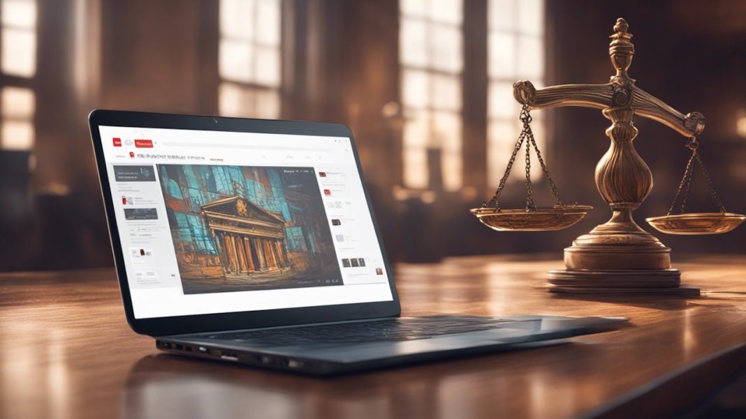 یک لپ تاپ روی میزی در دادگاه در کنار ترازوی عدالت - تفاوت کپی رایت کلیم و کپی رایت استرایک
