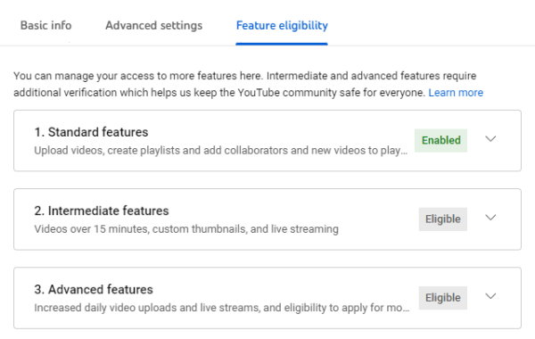 تنظیمات واجد شرایط بودن برای قابلیت های یوتیوب