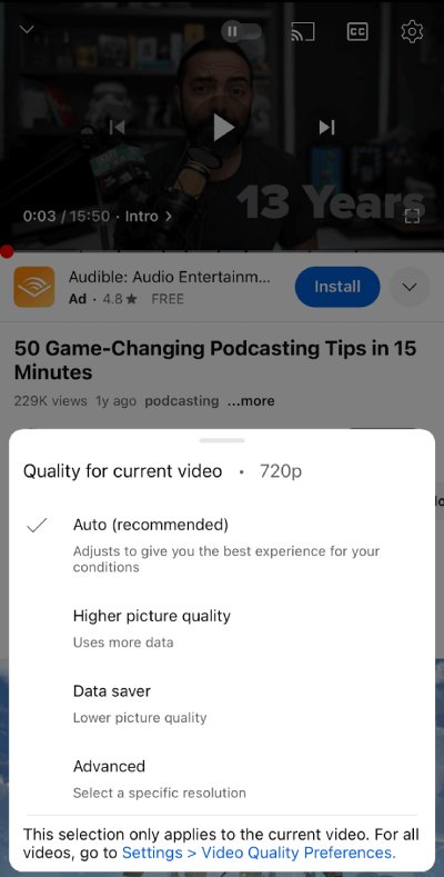 انتخاب کیفیت در اپلیکیشن یوتوب