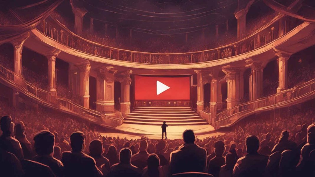 یک تئاتر با علامت یوتیوب در پرده و تماشاچیان که توضیح می دهد چگونه در یوتیوب معروف شویم.