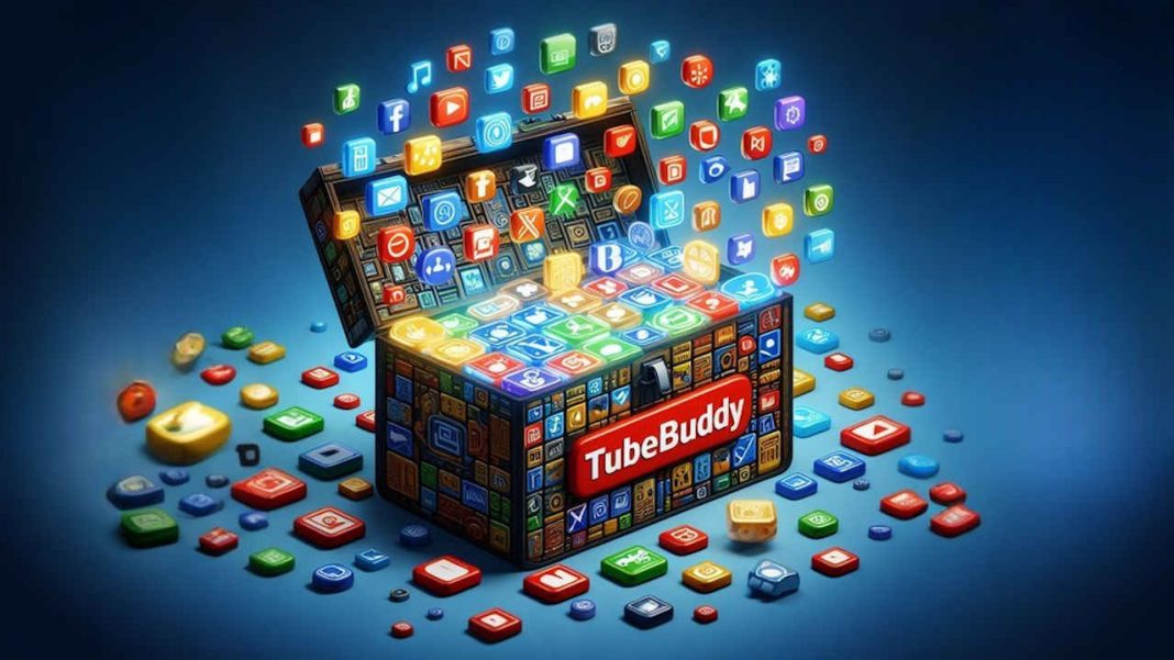 جعبه ابزار مجازی پر از آیکون‌های TubeBuddy، هرکدام نمایانگر یک ویژگی مختلف. نمایش تنوع ابزارهای TubeBuddy برای سازندگان محتوای YouTube