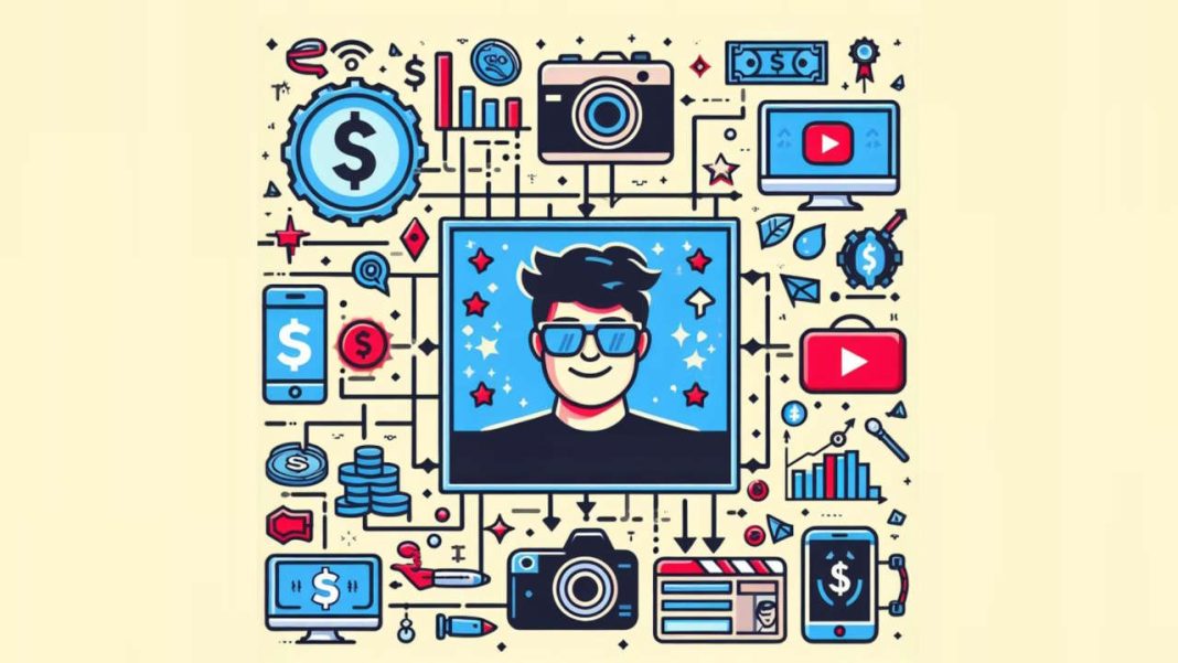 تصویری که به صورت بصری منابع درآمدی مختلف برای یوتیوبرها را دسته‌بندی می‌کند و شامل درآمد تبلیغاتی، اسپانسری، فروش محصولات و افیلیت مارکتینگ است.