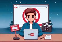 حل مشکل کپی رایت در یوتیوب چگونه امکان پذیر است؟ یک مرد جوان نشسته پشت میز در حال کار با لپ تاپ دارای لوگوی یوتیوب با علامت بلاک در پس زمینه - حل مشکل کپی رایت در یوتیوب