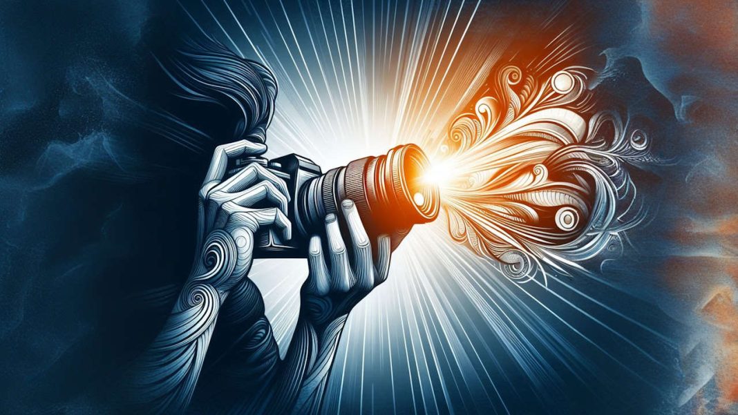 نمایش هنری از یک شخص که دوربین را در دست دارد و پرتوهای نور از لنز آن خارج می‌شود، به عنوان نمادی از دیدگاه خلاقانه و مهارت فنی که شغل عکاسی را تعریف می‌کنند تا منبع عکس بدون کپی رایت برای یوتیوب را معرفی کند.