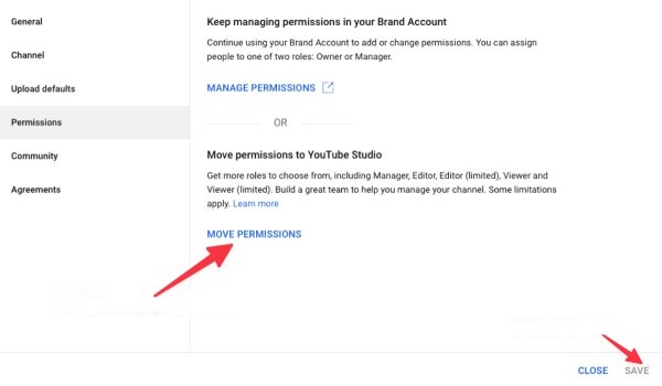 گزینه Move Permissions در یوتوب استودیو