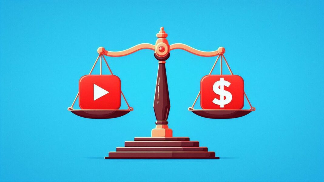 یک ترازوی چوبی با لوگوی یوتیوب در یک طرف و علامت دلار در طرف دیگر - آیا درآمد از یوتیوب قانونی است