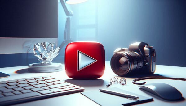 لوگوی یوتیوب در کنار دوربین و کامپیوتر 
