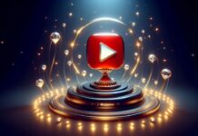 لوح الماس قرمز یوتیوب چیست و چه کسانی آن را دریافت می کنند؟ لوگوی شیشه ای یوتیوب روی پایه در کنار چند الماس - لوح الماس قرمز یوتیوب چیست