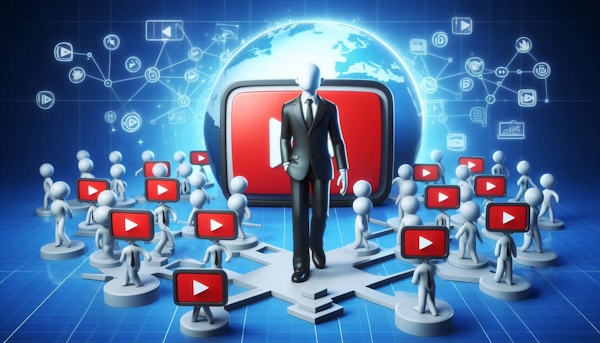 شخصی با کت و شلوار در حال عبور از بین آیکون های یوتیوب