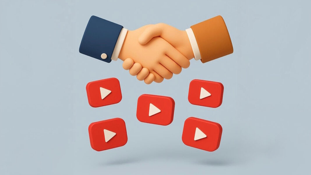 دو دست در حال دست دادن بالای لوگوهای یوتیوب - شرکت مانیتایز یوتیوب