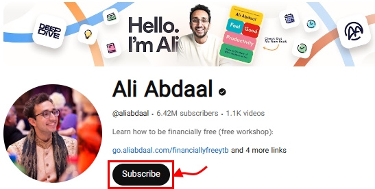محل دکمه سابسکرایب در کانال یوتیوب ali abdaal