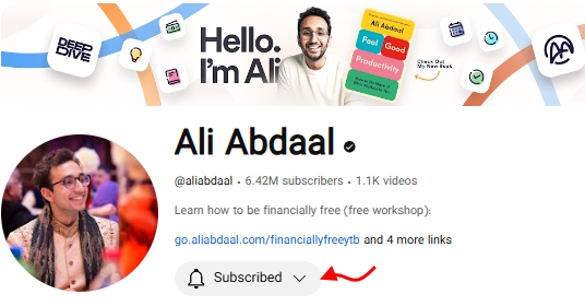 محل دکمه سابسکرایب در کانال یوتیوب ali abdaal