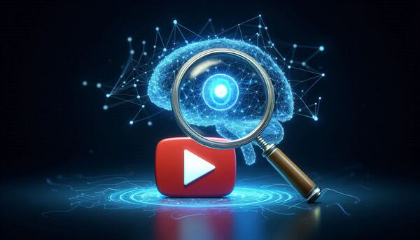 ذره بین در کنار شبکه عصبی و آیکون یوتیوب - هوش مصنوعی برای سئو یوتیوب