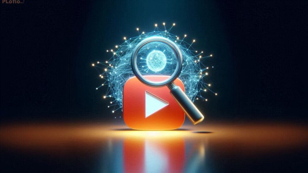 لوگوی یوتیوب در کنار ذره بین و شبکه عصبی - هوش مصنوعی برای سئو یوتیوب