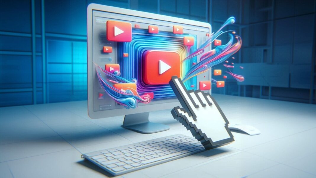دست دیجیتال در حال اشاره به تامنیل ویدیو در یوتیوب روی صفحه کامپیوتر برای تغییر آن