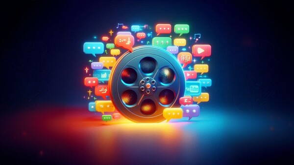 حلقه فیلم در کنار آیکون های گفتگوی رنگارنگ برای نشان دادن مفهوم دوبله ویدیو یوتیوب