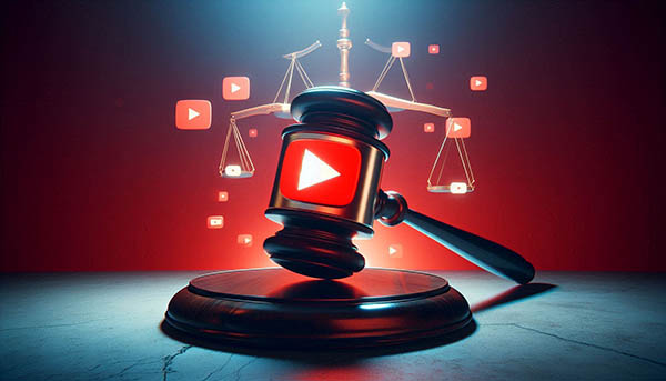 مفهوم حقوقی تولید محتوا در یوتیوب با ترکیب چکش دادگاه و رنگ‌های قرمز و سفید