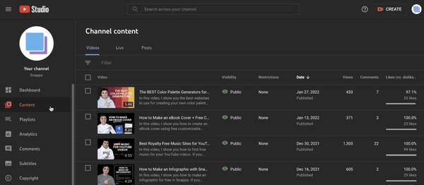 رفتن به منوی content در یوتیوب استودیو