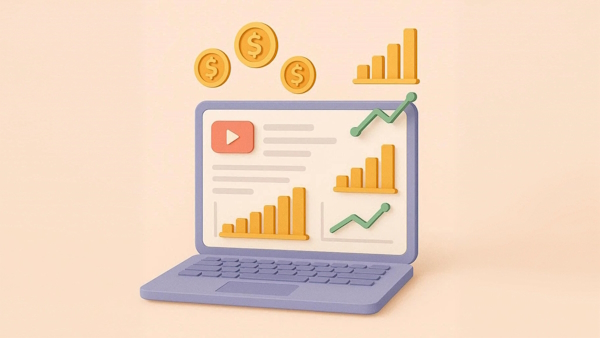 یک لپ تاپ با آمارهای درآمدی، سکه های پول و لوگوی یوتیوب - چگونه یوتیوب را پولی کنیم