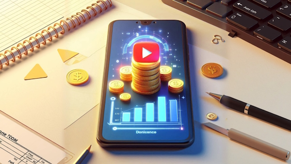 گوشی موبایل روی میز با سکه ها و لوگوی یوتیوب و آمار درآمدی کانال - کیف پول یوتیوب کجاست