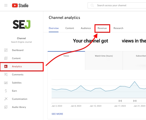 رفتن به بخش Revenue - کیف پول یوتیوب کجاست