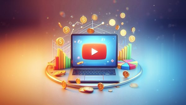 لپ تاپ با لوگوی یوتیوب و سکه های پول در اطراف آن - چگونه یوتیوب را پولی کنیم