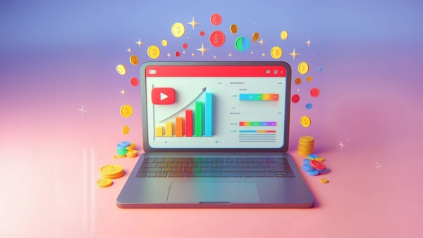 سکه های پول در اطراف لپ تاپی با آمار کانال یوتیوب روی صفحه - چگونه یوتیوب را پولی کنیم