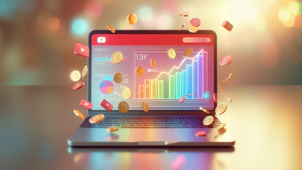 سکه های پول در اطراف یک لپ تاپ با نمودار آمار کانال یوتیوب