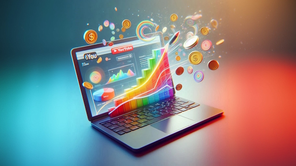 سکه های پول و عناصر رنگارنگ در حال خروج از لپ تاپ - چگونه یوتیوب را پولی کنیم
