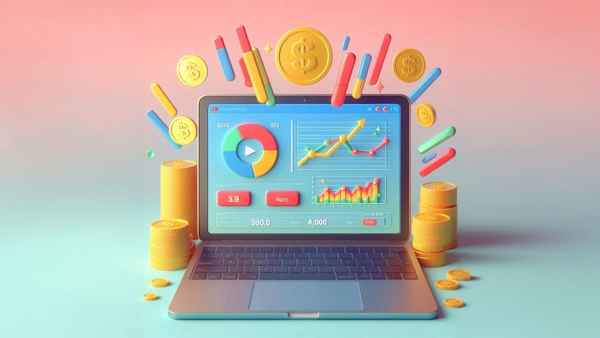 سکه های طلاایی اطراف یک لپ تاپ که آمارهای تحلیلی یوتیوب روی صفحه آن است - چگونه یوتیوب را پولی کنیم