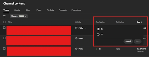 فعال کردن درآمدزایی برای ویدیوهای قدیمی در تب content