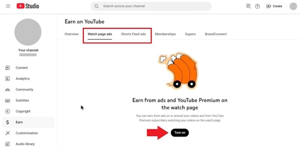 فعالسازی تبلیغات در منوی Earn در یوتیوب استودیو