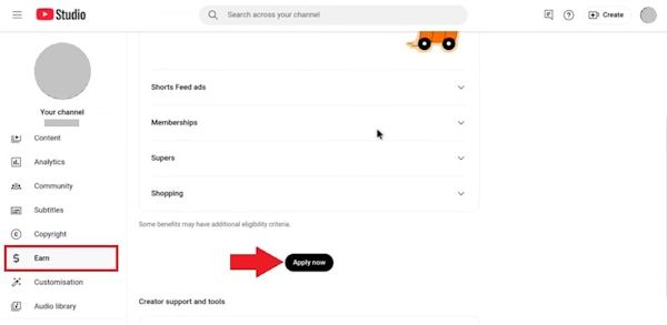 کلیک روی گزینه Apply Now - منوی Earn در یوتیوب کجاست