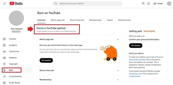 پذیرش درخواست ارسال شده به یوتیوب پارتنر پروگرم - منوی Earn در یوتیوب کجاست