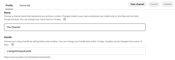 محل تنظیم نام و هندل کانال یوتیوب - چیدمان صفحه اول یوتیوب