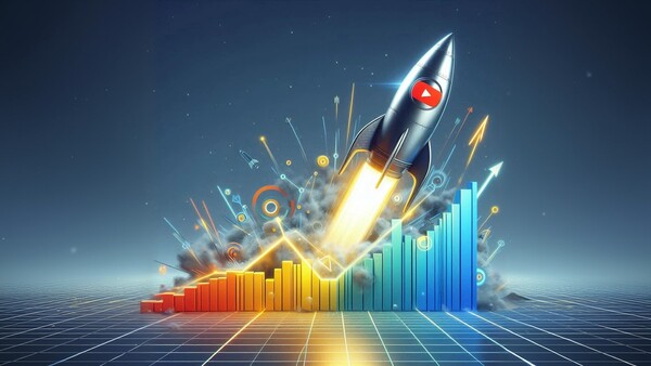 یک موشک در حال صعود در کنار نمودارهای رو به رشد با لوگوی یوتیوب