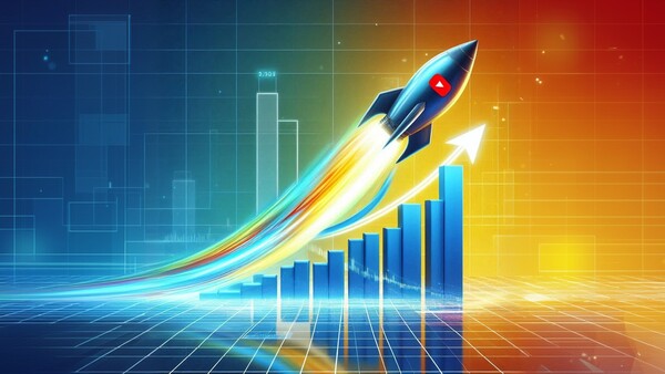 یک موشک در حال صعود در کنار نمودارهای رو به رشد با لوگوی یوتیوب
