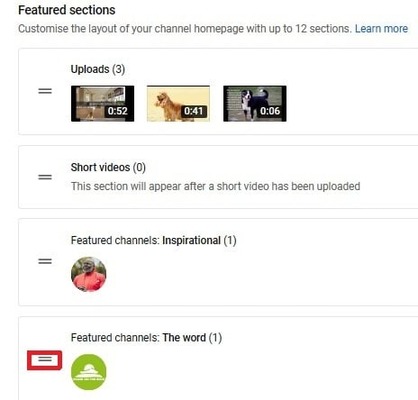 نمونه تنظیمات Featured Section در یوتیوب استودیو برای چیدمان صفحه اول کانال یوتیوب