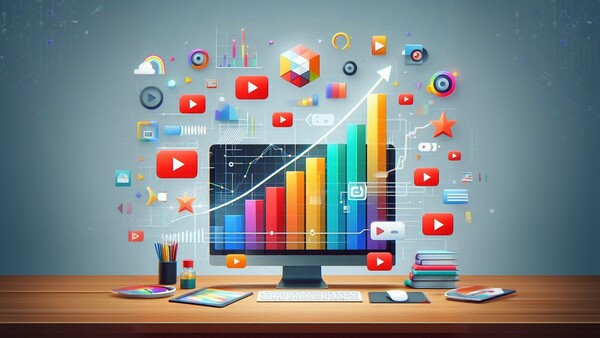 نمودارهای رشد کسب درآمد از یوتیوب رنگارنگ روی مانیتور کامپیوتر