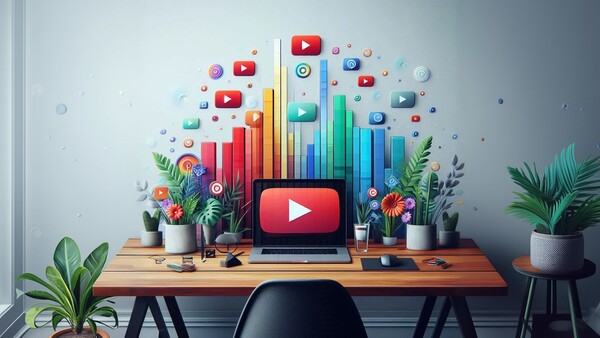 میز کار یک یوتیوبر با یک لپ تاپ با لوگوی بزرگ یوتیوب و نمودارهای آماری روی دیوار