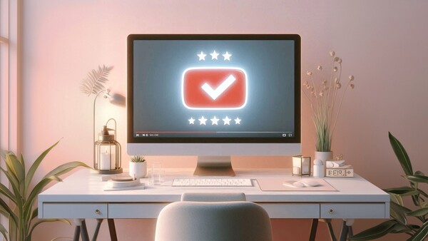 تیک تایید روی لوگوی یوتیوب روی میز کار و سیستم کامپیوتری - یوتیوب وریفیکیشن چیست