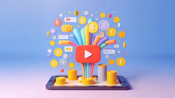 سکه های پول در حال خروج از تبلت با لوگوی یوتیوب در مرکز - درآمد یوتیوب از کجاست