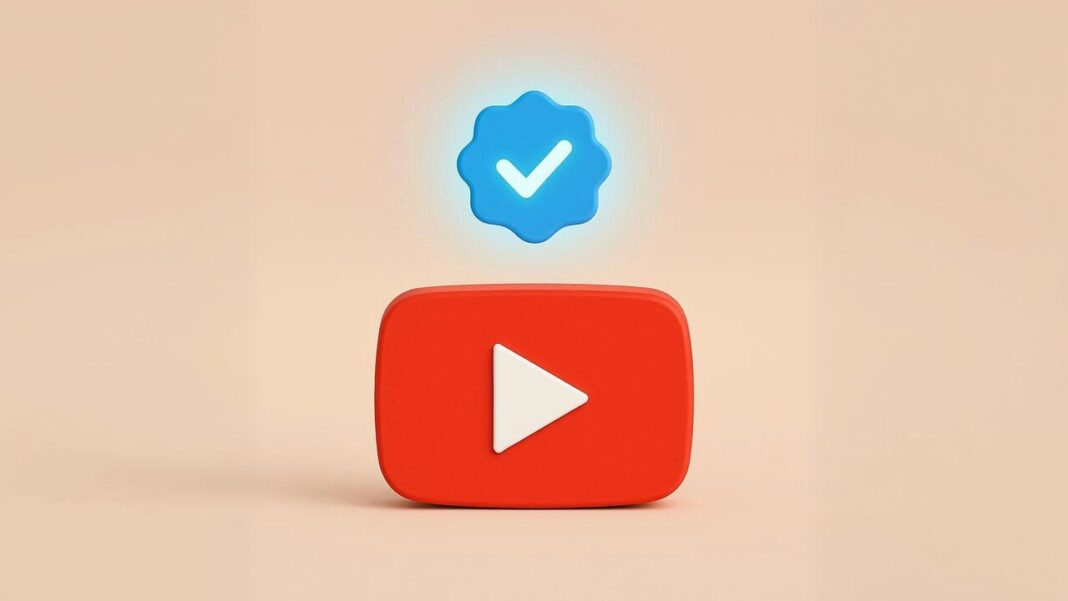 لوگوی یوتیوب در مرکز و یک تیک آبی وریفای در بالای آن - یوتیوب وریفیکیشن چیست